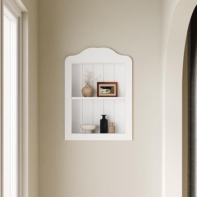 CJL 14'' x 18'' Recessed Medicine Cabinet, Solid Wood in-Wall Bathroom Cabinet, Arched Wall Niche Shelf, 2-Tier, White