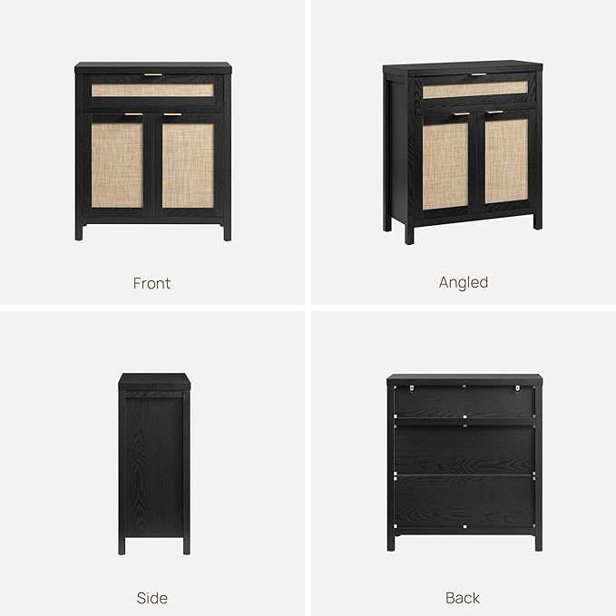SICOTAS Sideboard Buffet Storage Cabinet Set of 3, Rattan Credenza Buffet Table, Modern Console Accent Cabinet with Doors and Drawer, Coffee Bar for Kitchen Entryway Living Room, Black