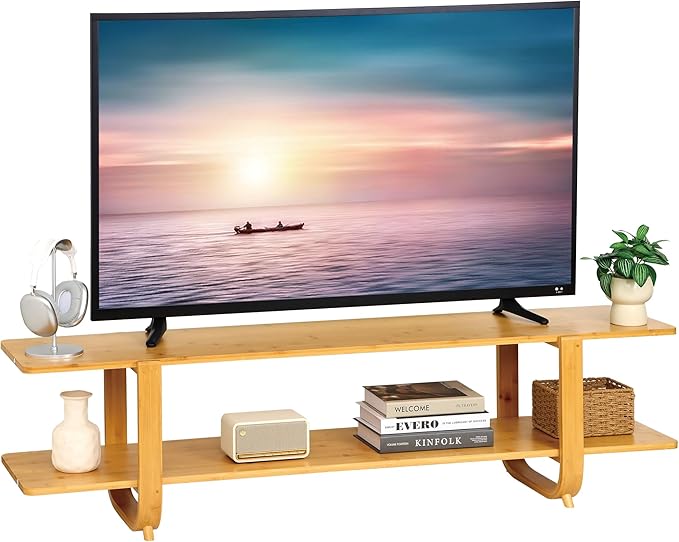Bamboo TV Stand for TVs up to 65", Accent Entertainment Center with Storage, Media Console Table with Shelf, Modern TV Stand for Living Room, Bedroom, 55"(L), Burlywood