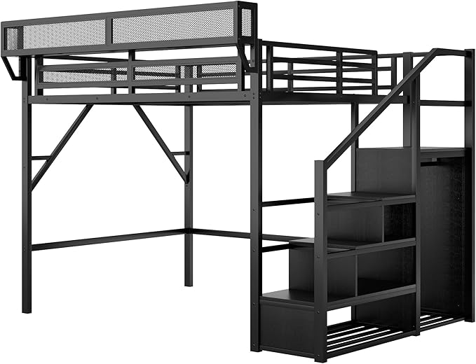 KEIKI Queen Size Metal Loft Bed Frame with Convertible Staircase, Built-in Storage Shelves and Wardrobe, Loft Bed with Solid Slats, Guardrail, No Box Spring Required, Easy Assembly, for Bedroom, Black