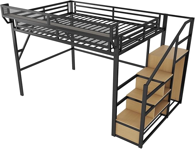 Mirightone Full Size Loft Bed with Stairs and Storage, Metal Loft Bed Frame with Bedside Shelf and Large Under-Bed Space, Heavy-Duty Bed for Adults Teens and Kids, Convertible Staircase, Black