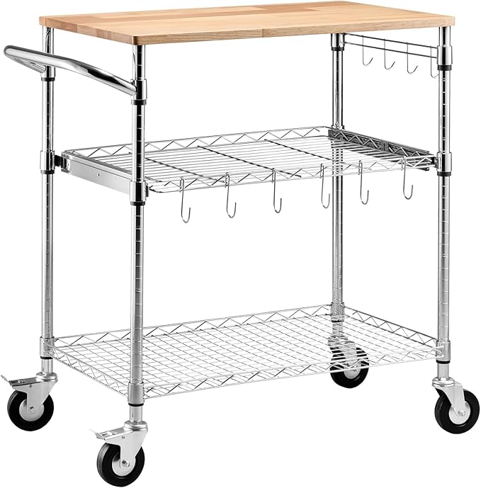 VEVOR Kitchen Utility Cart, 3 Tier Heavy Duty Adjustable Wire Storage Rack with Wood Tabletop and Handle Bar, Rolling Portable Service Trolley on Wheels, 661 lbs Steel Work Table, 30x18x36 in