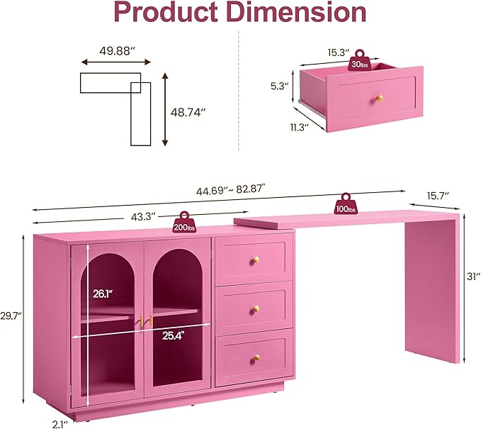 RoyalCraft 83" Makeup Vanity Desk, Pink Vanity Dresser, L Shaped Corner Vanity Table with 3 Drawer & 2 Door, Modern Extendable Dressing Table for Bedroom, Dressing Room, Small Space (Without Mirror)