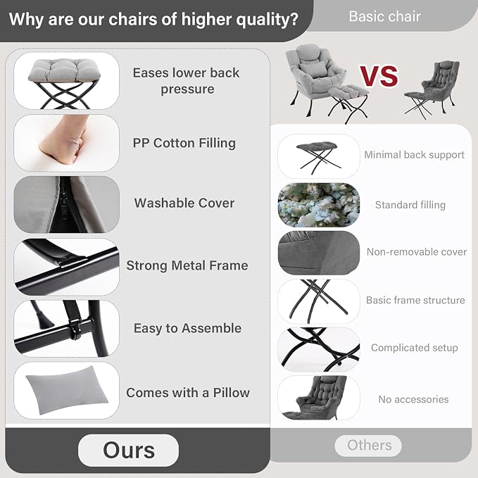 Furlide Lazy Chair with Ottoman, Modern Lounge Chair with Lumbar Pillow, Accent Cozy Reading Armchair and Folding Footstool for Bedroom, Dorm, Living Room,Light Grey