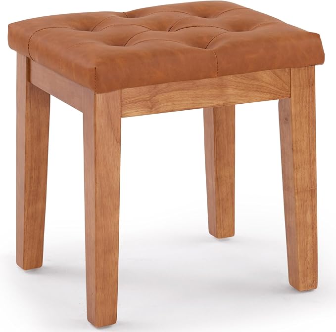 Upholstered Ottoman Stool with Padded Seat, Tufted Vanity Stool with Solid Wood Legs, Accent Stools, Faux Leather Cognac Brown