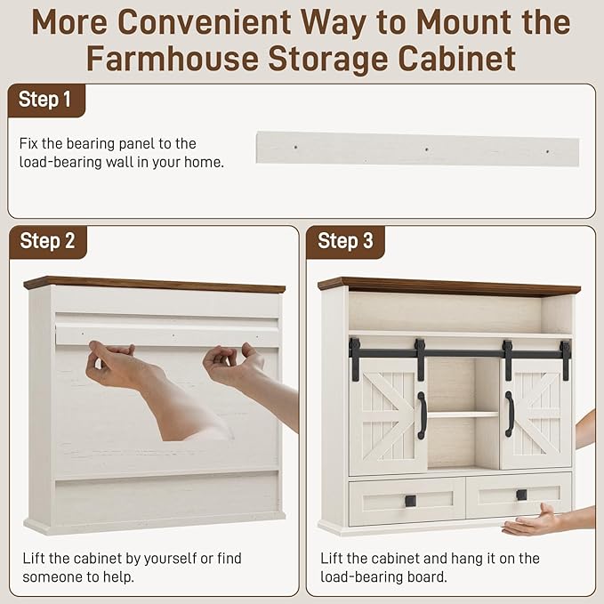 Vabches Bathroom Wall Cabinet, Farmhouse Medicine Cabinet with Double Sliding Barn Door and Storage Drawer, Wooden Vintage Storage Cabinet Wall Mounted for Bathroom, Kitchen, Rustic White and Brown