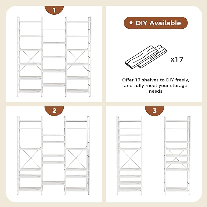 SUPERJARE Triple Bookshelf, Bookcase with 17 Open Display Shelves, Wide Book Shelf Book Case for Home & Office, 6 Tier, White