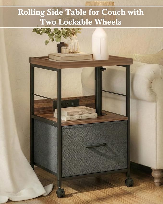 Faesun Swivel Lift Top Nightstand with Charging Station, Rolling Night Stand with Fabric Drawer, Adjustable Bedside Table for Bedroom, Living Room, Walnut Gray, Pro