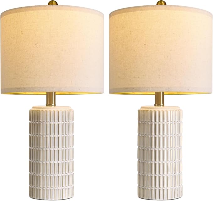 PoKat 20.75" Small Modern Ceramic Table Lamps Set of 2 for Bedroom, White Bedside Lamps for Night Stands, Farmhouse Desk Home Decor Gift Nightstand Table Lamps for Living Room End Table Beige