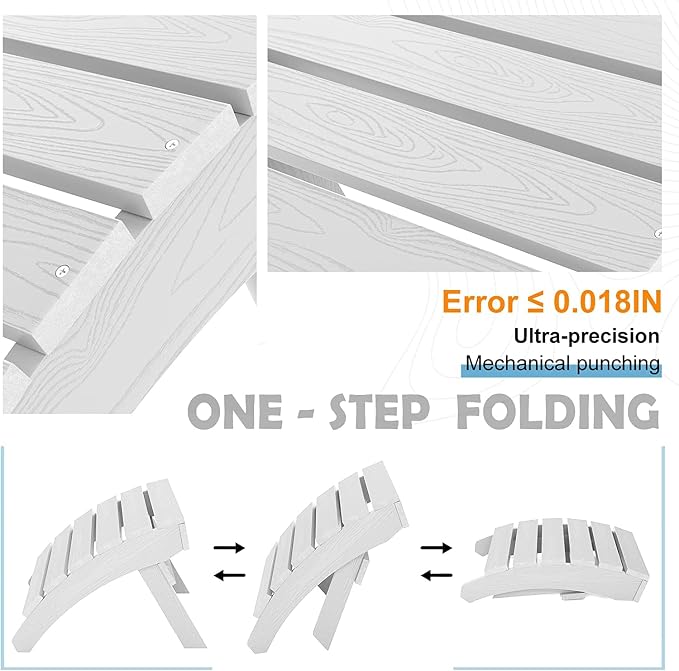 MXIMU Folding Adirondack Ottoman Set of 2: HIPS Plastic Outdoor Footrest Easy Assembly - All Weather Foot Rest Foot Stool for Adirondack Chair Use in Patio Garden Backyard Pool (White)
