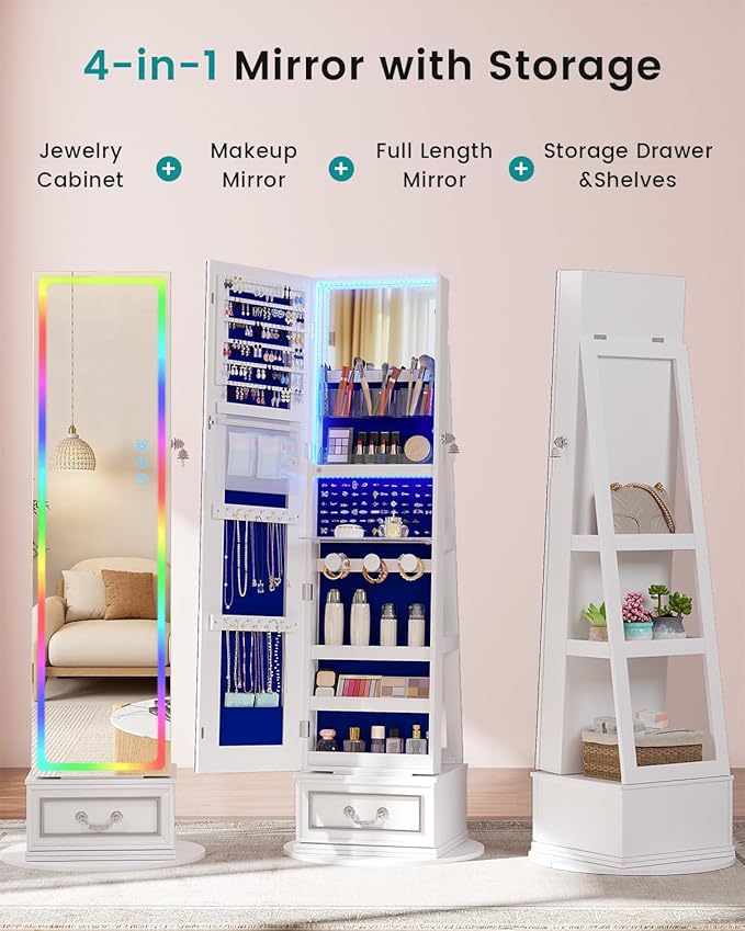 Vlsrka LED Mirror Jewelry Cabinet with Lights, Lockable Full Length Mirror with Storage, Standing Jewelry Armoire Organizer with Touch Screen&RGB Modes for Small Bedroom Spaces, Gift for Women, White