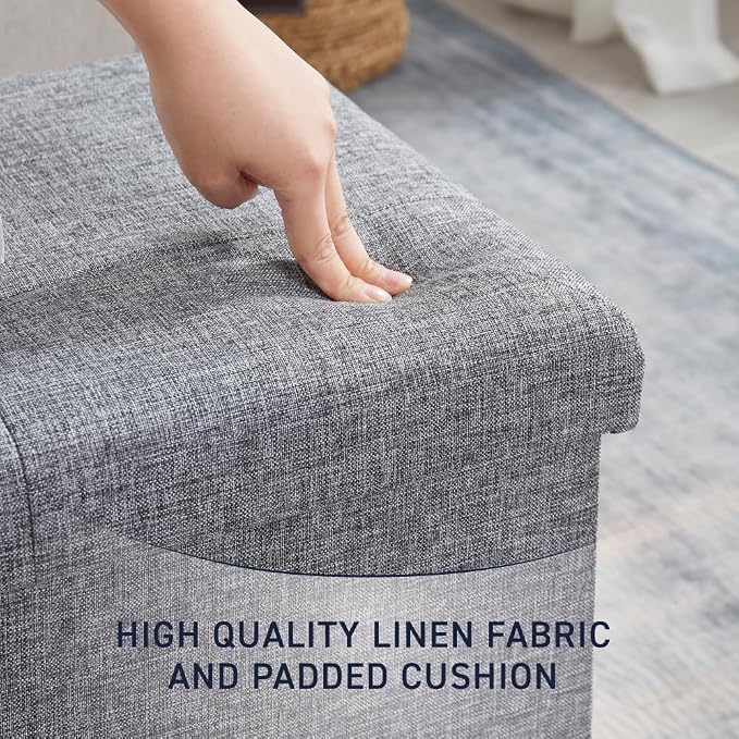 Ornavo Home Folding Storage Ottoman, 43 Inch Extra Large Storage Bench with Lid, Foot Rest Stool for Bedroom, Living Room, Entryway, Tufted Linen Upholstered - Gray