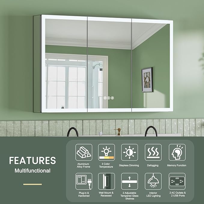 48x30 Inch Lighted Medicine Cabinet with Mirror, AL Alloy Frame, Plug-in or Hardwired, Recessed or Surface Mount, 3 Colors/Dimmable/Interior Sensor Light/Defog,2 Outlets & USBs,4 Shelves