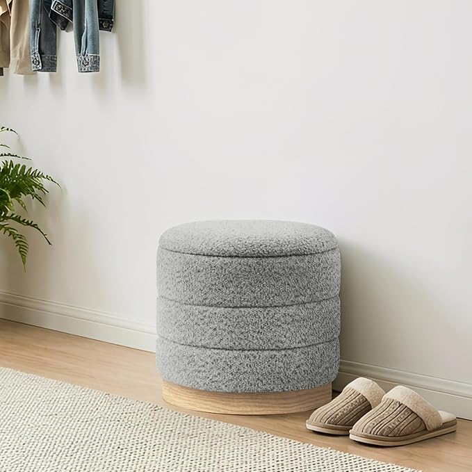 Round Storage Ottoman with Reversible Tray Lid, Folding Chenille Fabric Footrest with Hidden Storage, 15.4" Footstool for Small Spaces Living Room Bedroom, Wood Grain Base, Grey