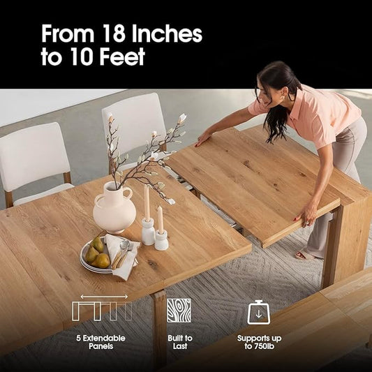 Transformer Table - Solid Wood Extendable Dining Table, Seats 2-12, Expandable Dining Room Table, Space-Saving Furniture, Kitchen and Dining Room Furniture (Natural, Table + Bench)