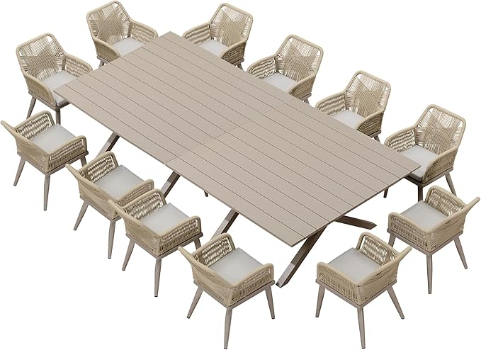 PURPLE LEAF 14 Pieces Outdoor Patio Dining Set All-Weather PE Rattan Furniture Set with All Aluminum Frame Rectangular Table and Chairs Set for 12 People Lawn Garden Backyard Deck, Champagne