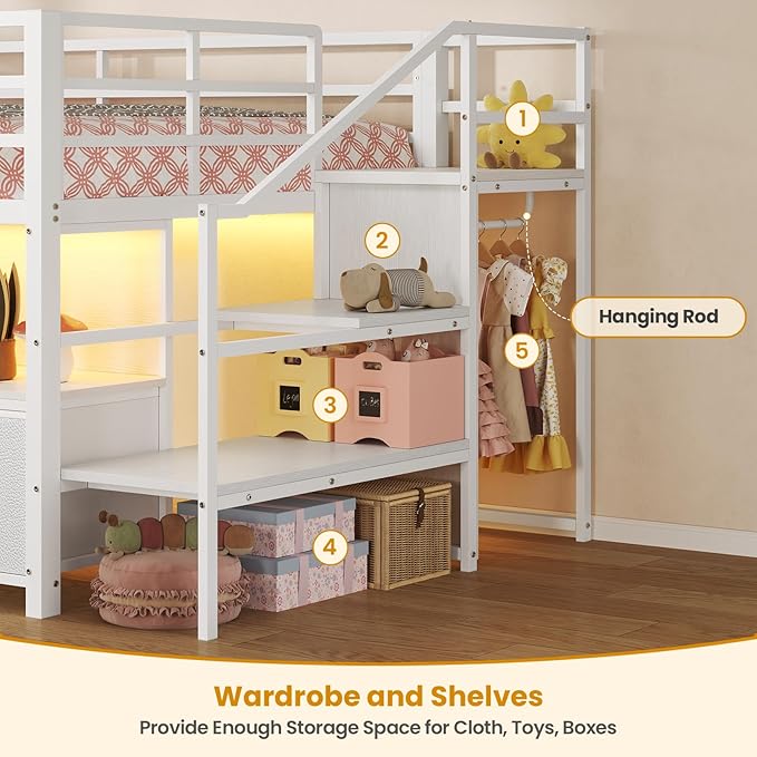ADORNEVE Low Loft Bed Twin Size with Stairs,7 Drawers, Bookcase and LED Lights, Metal Kids Loft Bed with 14" H Safety Guardrail,Inclined Ladder and Play Curtain, Under-Bed Play Space, White