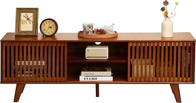 Bamboo TV Stand for TVs up to 65", Accent Entertainment Center with Storage, Media Console Table with Sliding Fence Door, Modern TV Stand for Living Room, Bedroom, 55"(L), Walnut