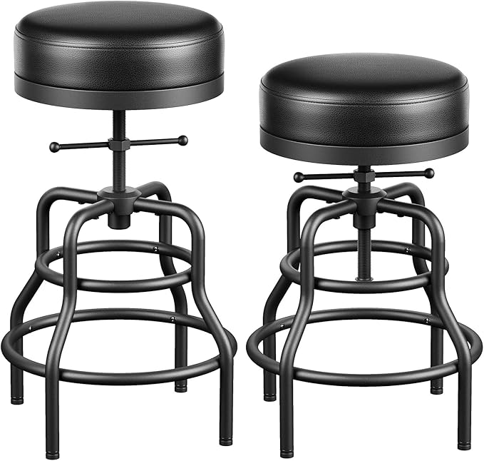 Raynesys Adjustable Height Swivel Bar Stools Set of 2, 22-29 Inch Industrial Vintage Bar Counter Height Stools with Thicken Premium Bonded Leather Seats & Updated Footrests, Easy Assembly, Black