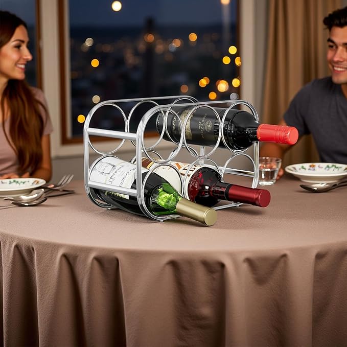 Buruis 6-Bottle Wine Rack, Modern Metal Countertop Wine Holder Stand for Kitchen, Pantry & Cabinet Storage, No Assembly Required, Silver
