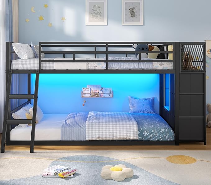BTHFST Low Bunk Bed Twin Over Twin with 7 Large Fabric Drawers & Bookshelf, Metal Bunk Bed with RGB LED Lights & Slanted Ladder & Safety Guardrail, Kids Low Loft Bed Twin for Small Space, Black