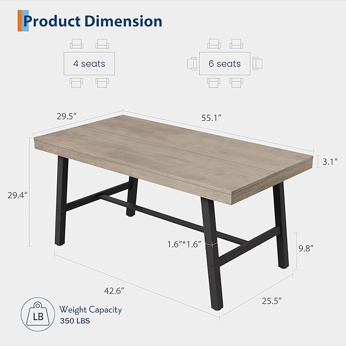 GarveeHome Industrial Dining Table for 2-4, 55" Heavy Duty Rectangular Kitchen Table with 2"×2" Metal Legs, Small Space Dining Table for Kitchen, Dining Room (Grey, 55" Non-extendable)