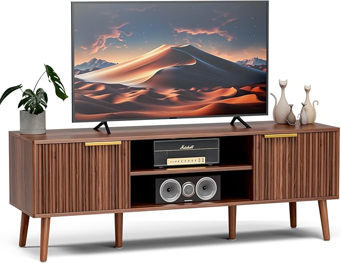 LCRBOL TV Stand for Living Room, Mid Century Modern Entertainment Center for 55/60 inch TVs, TV Console with Fluted Door Cabinets and Open Shelves, for Bedroom, Walnut