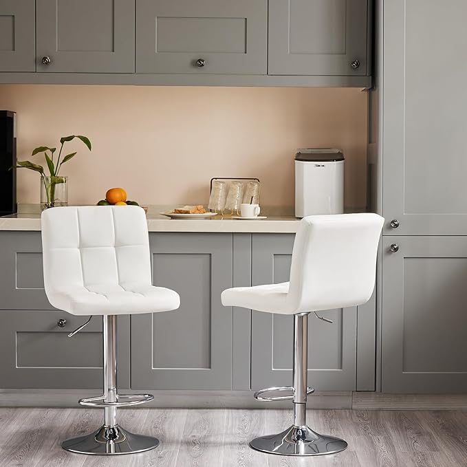 Sweetcrispy Bar Stools Set of 4, Armless PU Leather Adjustable Swivel Barstools, Hydraulic Kitchen Counter Height Thickened Seat Cushion Square Island Countertop Chairs with Back - Modern White