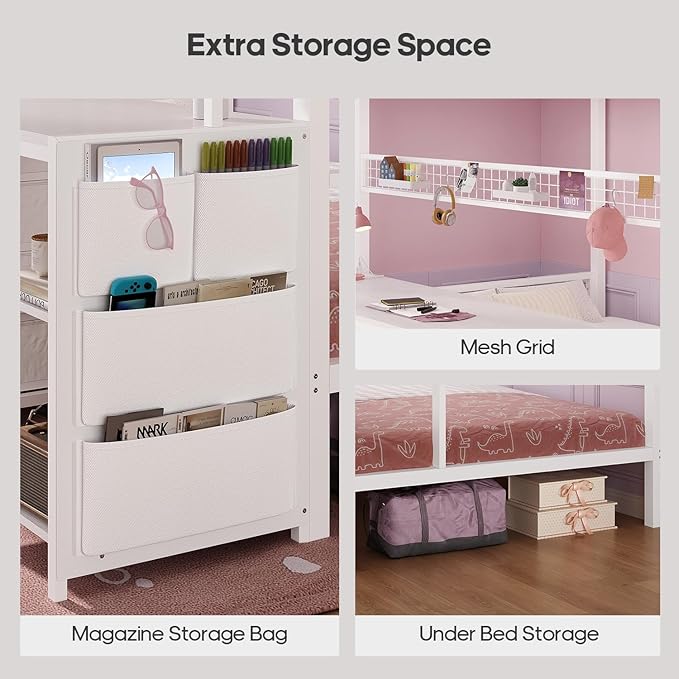 ADORNEVE Bunk Bed Twin Over Twin with 2 Person Desk, LED Lights Twin Bunk Bed with 4 Drawers,Storage Rack, 4 Shelves and Power Outles,Metal Twin Bunk Beds with Guardrail for Kids/Teens Bedroom, White