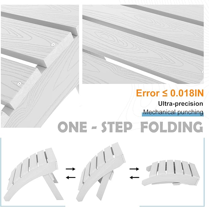 MXIMU Folding Adirondack Ottoman Set of 4: HIPS Plastic Outdoor Footrest Easy Assembly - All Weather Foot Stool Foot Rest for Adirondack Chair Use in Patio Garden Backyard Pool (White)