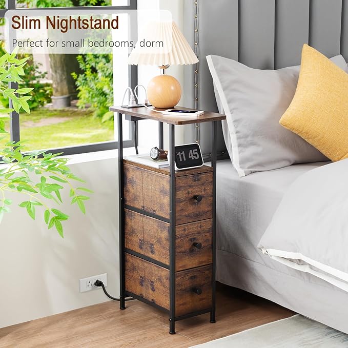 LOAKEKEL Narrow End Tables Living Room Set of 2 with Charging Station, Skinny Side Table with Fabric Drawers, Slim Nightstand for Bedroom, Small Spaces, Couch, Rustic Brown, HETNDP03PBR