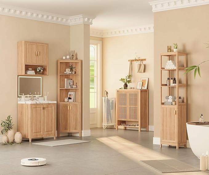 INNOD Bathroom Wall Storage Cabinet, Medicine Cabinet with Adjustable Wood Shelf & Doors, Over the Toilet Storage Cabinet for Laundry Room & Living Room Kitchen Storage Islands (Natural Oak)