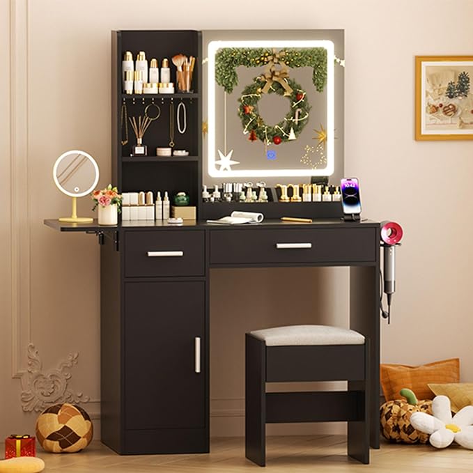 ERLEJIA Vanity Desk with Mirror and Lights & Extral Foldable Desk, 35.43" & 43.3" Makeup Vanity Table with Stool and Plug Outlet, 5 Drawers and Open Shelves Dressing Table for Bedroom,Black