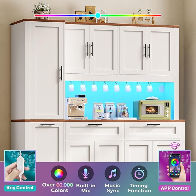 Itaar 71" Kitchen Pantry Cabinet with Charging Station and Led Light, Kitchen Storage Cabinets with Microwave Stand, 59" Wide Pantry Storage Cabinet with Storage Cart 3 Tier for Dining Room, White