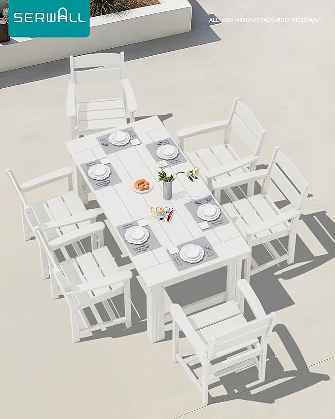 SERWALL Outdoor Dining Table Set, 67‘’ HDPE Patio Dining Set for 6, All-Weather Outdoor Table and Chairs Set for Deck, White