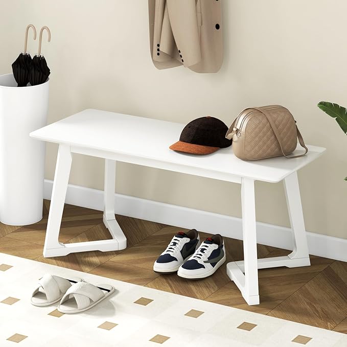 Giantex Set of 2 Entryway Bench, 42” Long Dining Bench with Rubber Wood Triangular Legs, 16” Wide Seat, 350 Lbs Capacity, Shoe Bench for Living Room, Bedroom, Hallway, Kitchen, End of Bed Bench, White