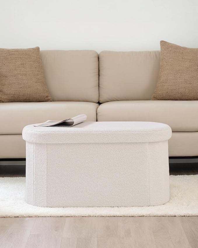 30" Oval Foldable Ottoman with Storage, Teddy Boucle Fabric Footrest, Storage Bench for Living Room, Bedroom, Entryway, Dorm, White