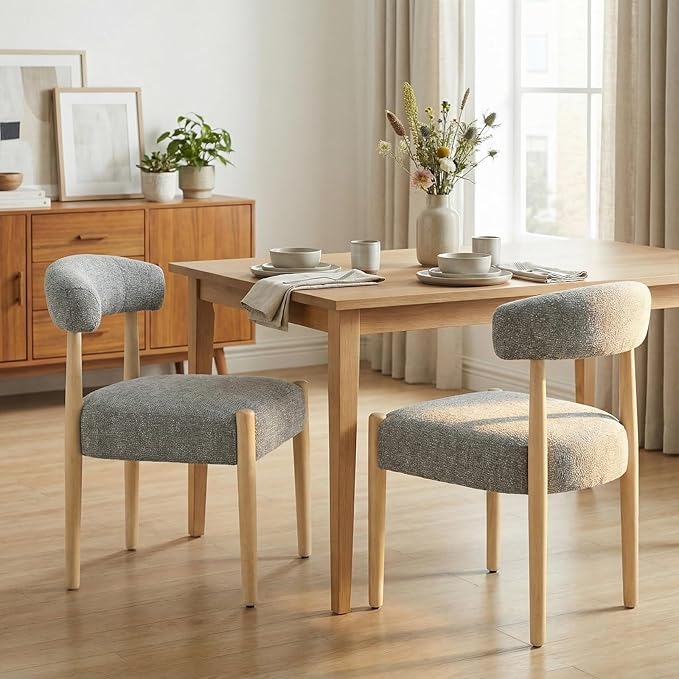 VKNOW Upholstered Dining Room Set for 6, Mid-Century Modern Dining Chairs Set of 4 and Dining Bench with Rubberwood Legs, for Dining Room, Living Room, Kitchen, Gray