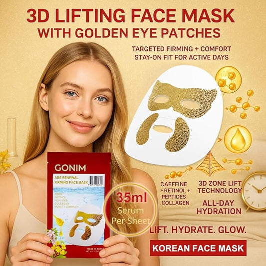 GONIM Korean Face Mask with Integrated Eye Patches with PDRN, Retinol & Caffeine, Collagen Face Mask, Hydrating Face Masks, Hyaluronic Acid Serum Sheet Mask Korean Skin Care Anti Aging 35ml/1.18oz x 8