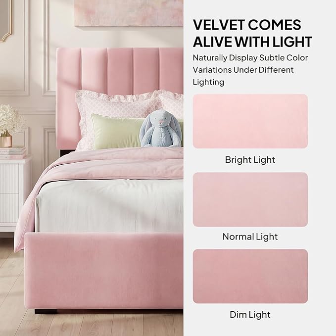 Welzona Upholstered Bed Frame Twin Size with Headboard for Kids, Velvet Fully Upholstered Metal Platform Bed with Vertical Channel Tufted Headboard, 3-Level Height, Metal Support, Easy Assembly, Pink