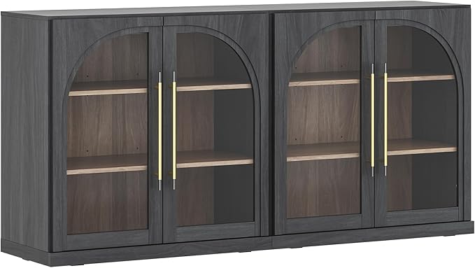 BELLEZE Set of 2 Modular Sideboard with Arched Glass Door, Accent Display Buffet Cabinet with Storage and Adjustable Shelves, 65'' Classic Modern Credenza for Dining Room Living Room Entryway (Ebony)