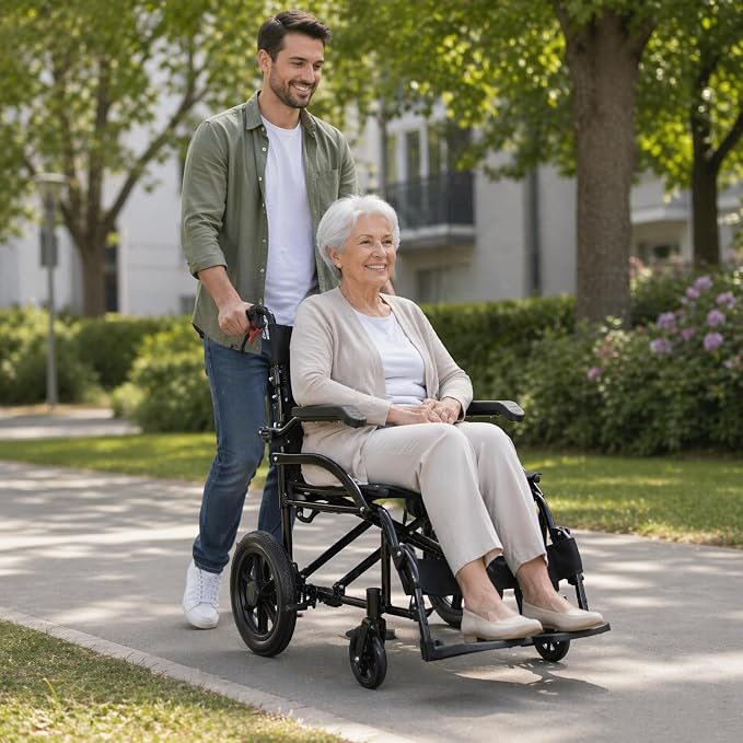IDEALHOUSE Lightweight Foldable Transport Wheelchair for Adults, with Flip Back Armrests, Swing Away Footrests, 6” PVC Front & 12” PU Rear Wheels, Aluminum Frame, Ideal for Travel