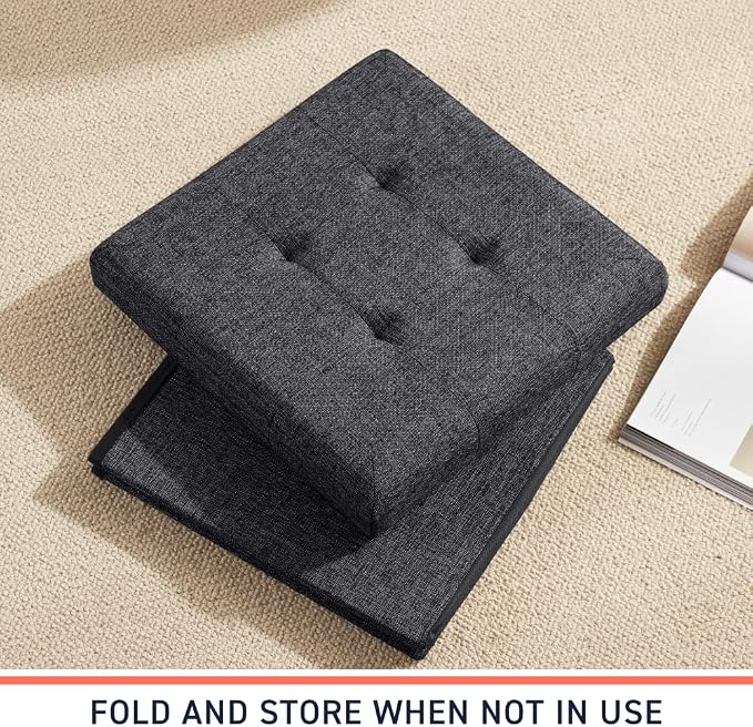 Ornavo Home Folding Storage Ottoman, 15 Inch Storage Cube with Lid, Foot Rest Stool for Bedroom, Living Room, Entryway, Tufted Linen Upholstered - Black
