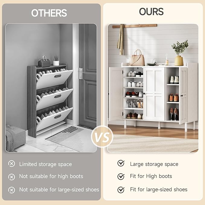 ONBRILL Shoe Cabinet with 3 Doors and Adjustable Shelves, 30 Pairs Shoe Storage Cabinet, 40 Inch Tall Farmhouse Shoe Rack Shoe Organizer Cabinet for Entryway Living Room Closet, White