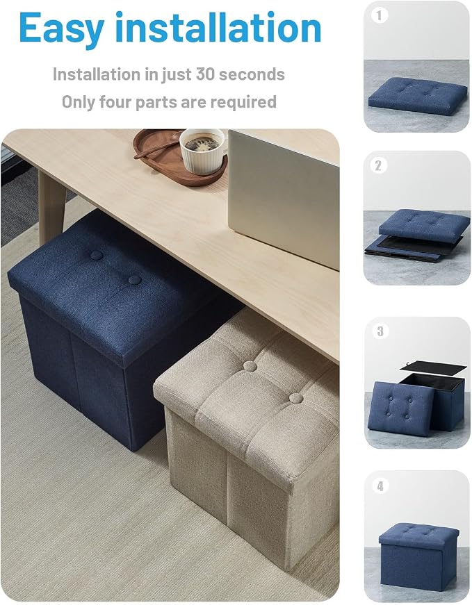 AmasSmile 2Pack Blue Ottoman with Storage,Foot & Leg Rest Stools Small Cute Stool Short Bench Folding Ottomans Square Footstools for Shoe Living Room Under Desk Outdoor RV Camper Each Space Storage