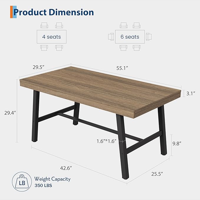 GarveeHome Industrial Dining Table for 2-4, 55" Heavy Duty Rectangular Kitchen Table with 2"×2" Metal Legs, Small Space Dining Table for Kitchen, Dining Room (Rustic Pear, 55" Non-extendable)