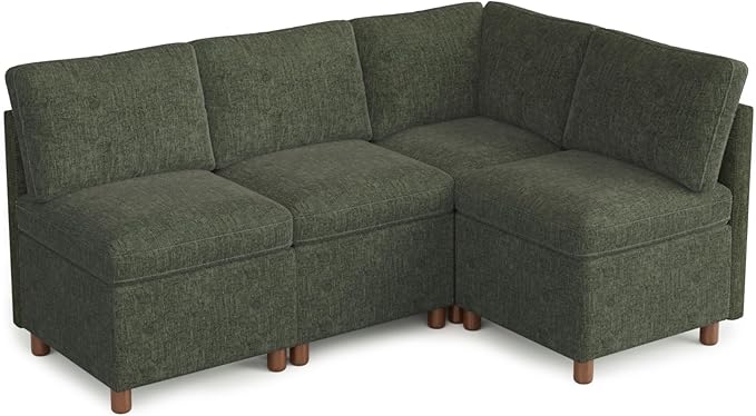SITJOY Breakfast Nook Bench with Storage, Modular Corner Kitchen Banquette Seating, Dining Settee Couch, Upholstered Dining Bench with Back, Soft-to-Touch Fabric in Green, 4-Seat L Shaped Nook