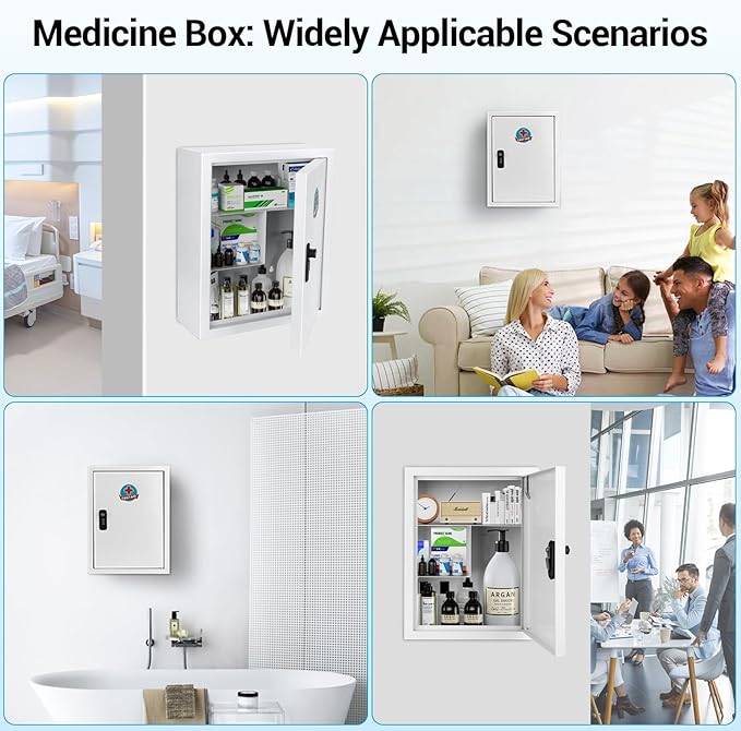 Wall Mounted Metal Medicine Cabinet with Key Lock, First Aid Medication Storage Box, White