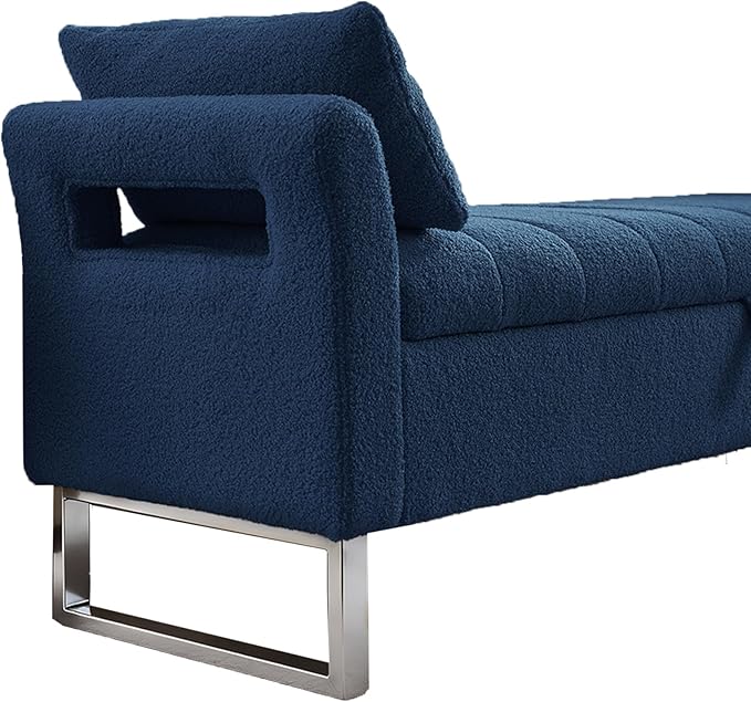 66'' End of Bed Bench with Storage for Bedroom King Size, Long Bedroom Benches for Foot of Bed King, Teddy Storage Bed Bench with Armrest & 2 Pillows for Entryway, Navy Blue