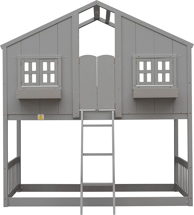 Twin Over Twin Low Bunk Bed for Kids,Wooden Floor House Bunker Bed Frame with with Window,Roof,Door,Guardrails,Ladderand and Storage Box for Girls,Boys - Gray